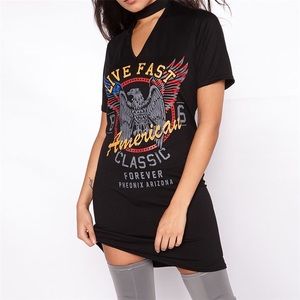 Black sexy V-neck T-shirt dress, mini choker, size L